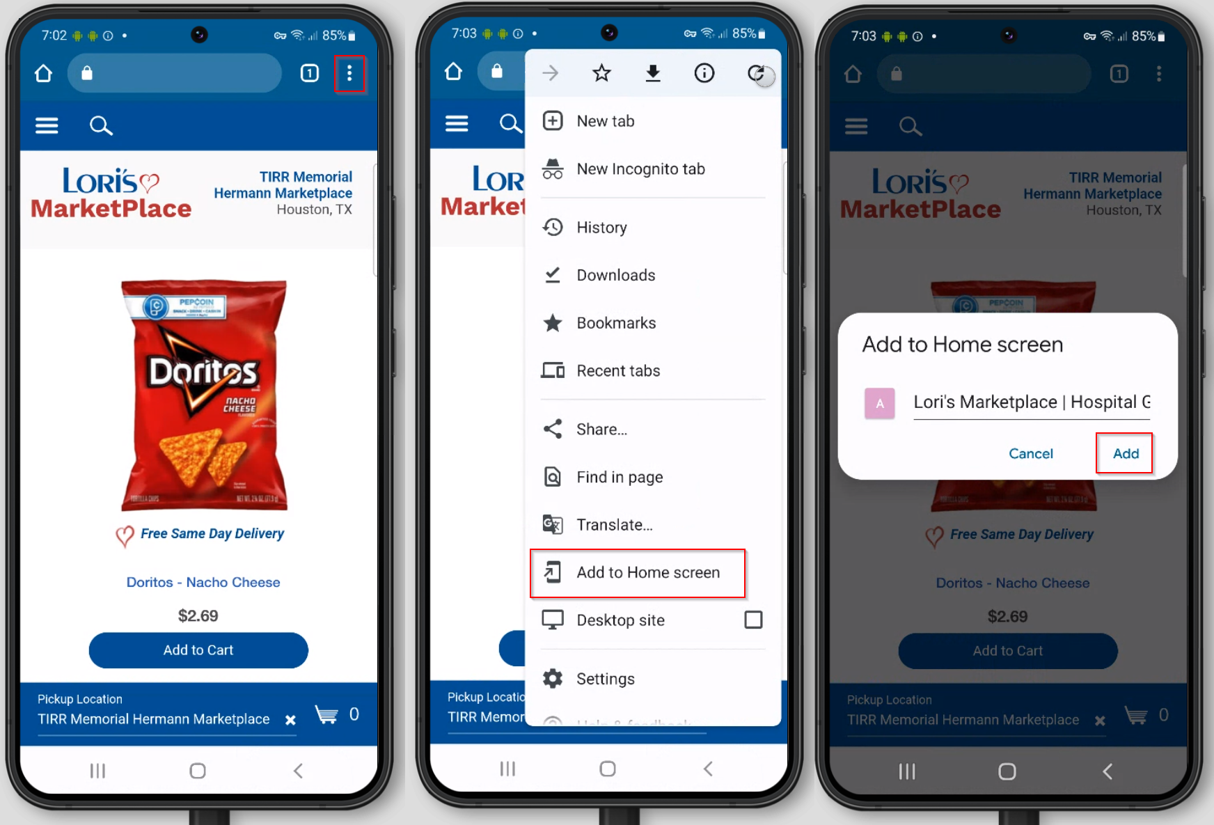 Screenshots of the Android PWA installation process.